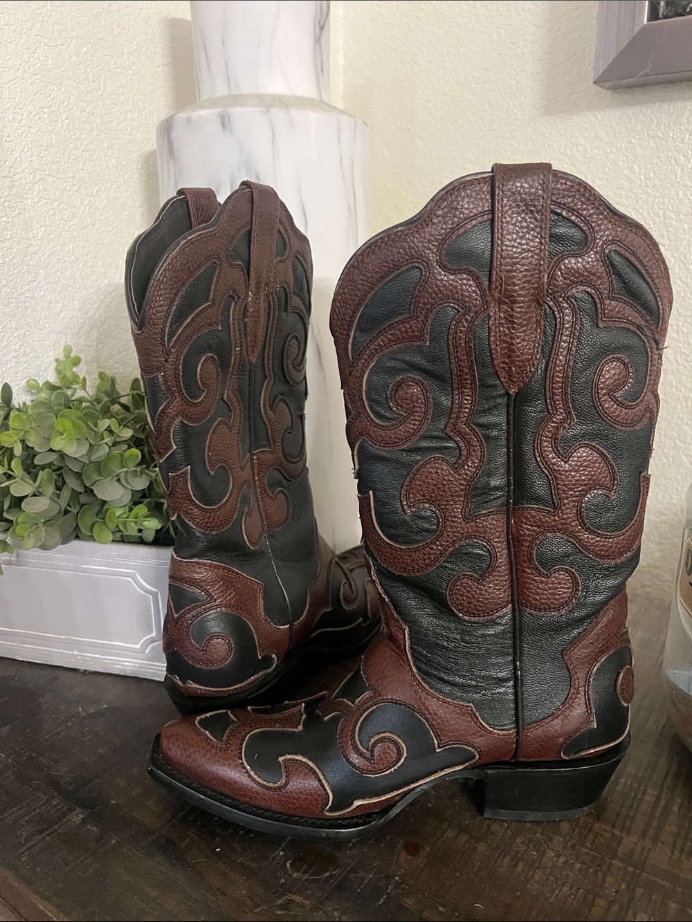 J.B. Dillon Black and Brown Lace-Up Western Boots